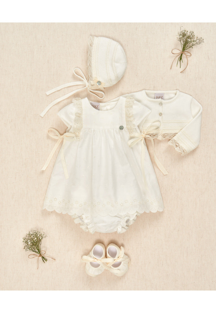 PAZ RODRIGUEZ Vestito+Cuffia+Coulotte Cerimonia Sangallo Crudo Primavera-Estate