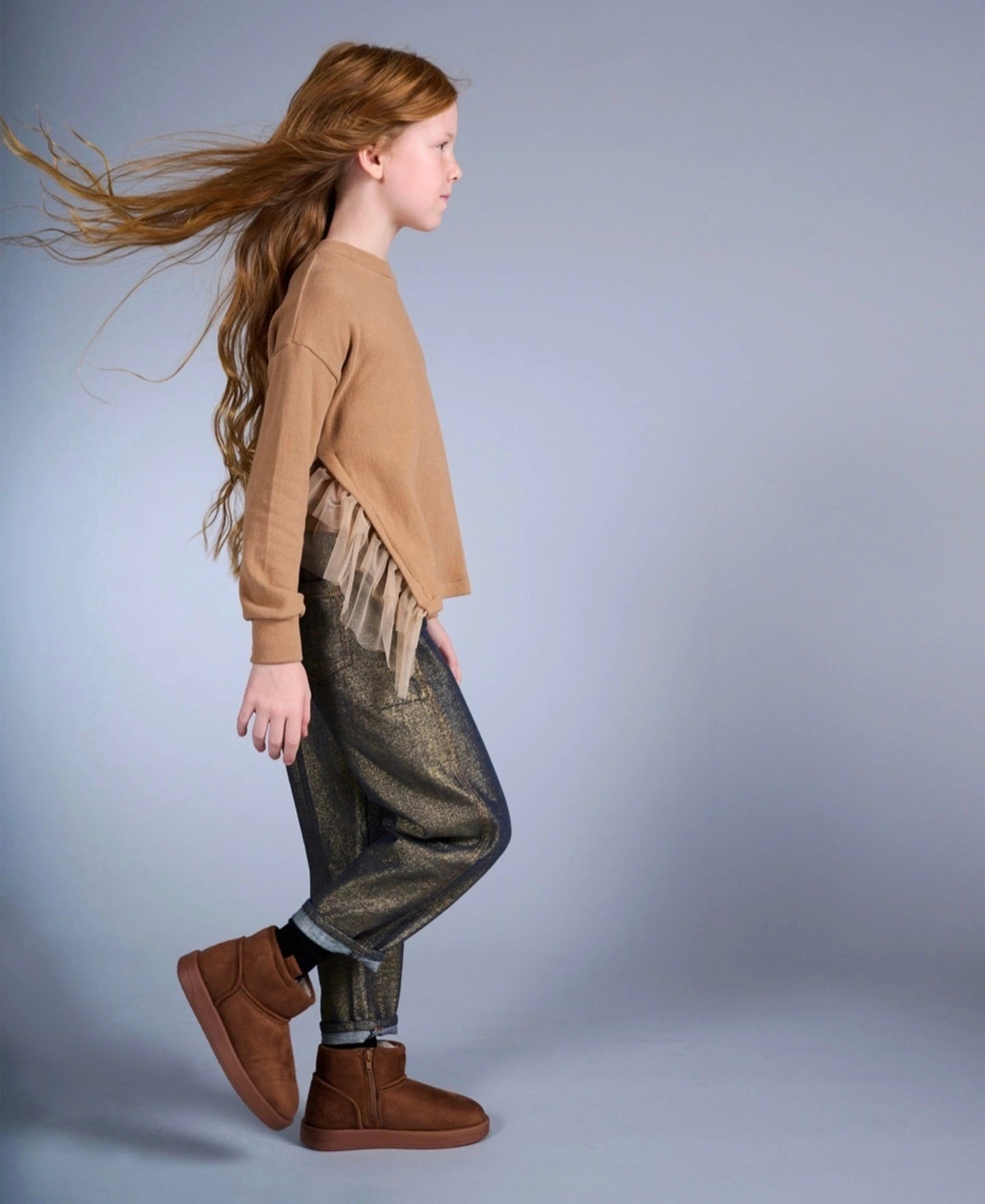 ELSY Girl Maglia Corta con Spacco e Tulle Biscotto