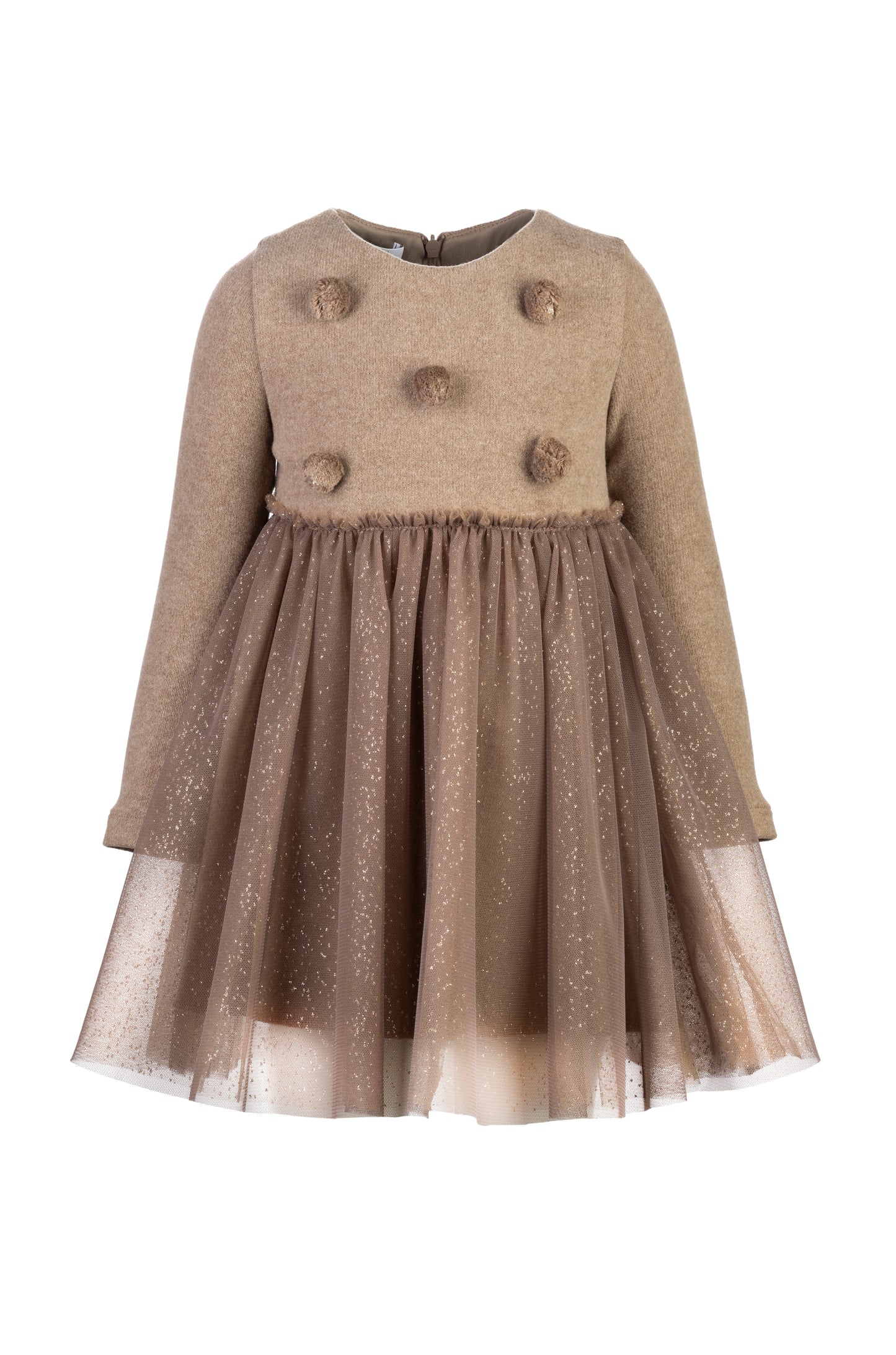 ELSY Abito con Pom Pon e Gonna Glitterata Tortora