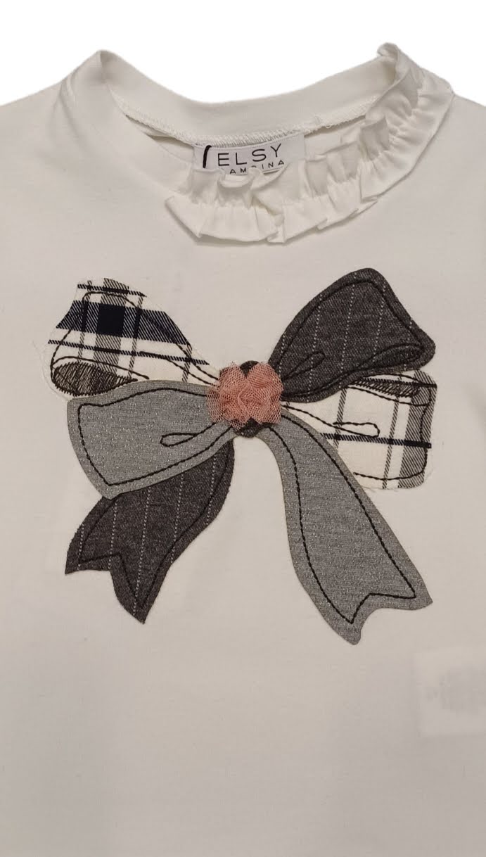ELSY Girl Yogurt jersey T-shirt with gray patterned bow