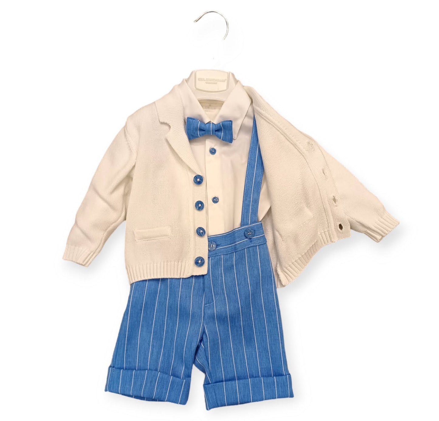 COLORICHIARI Completo 4 pezzi Cardigan Filo-Pantaloncino con bretelle-Camicia-Papillon Primavera-Estate