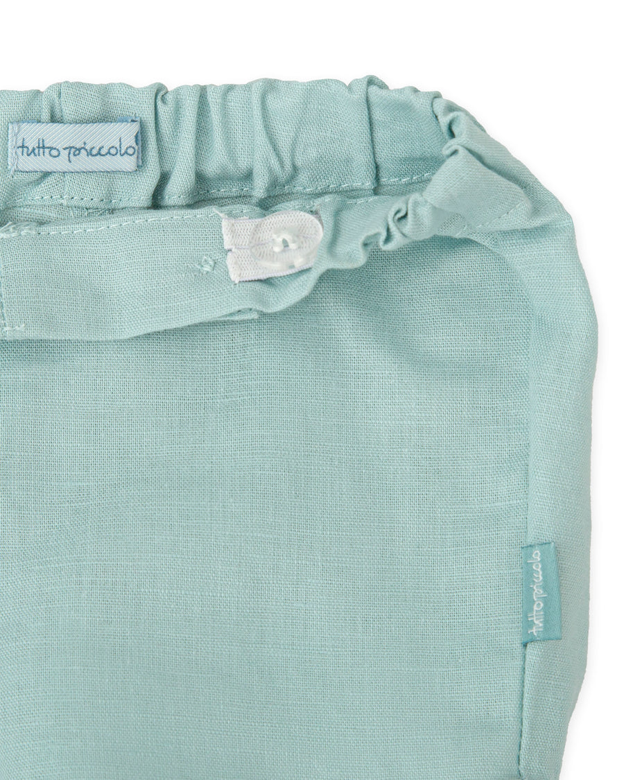 TUTTO PICCOLO Completo 2 Pezzi Blusa+Shorts Cerimonia Lino-Cotone Panna-Verde Acqua Primavera-Estate