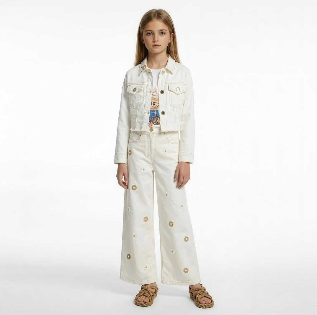 ELSY Baby Pantalone Jeans con Fiori Colore Yogurt Beige Primavera-Estate