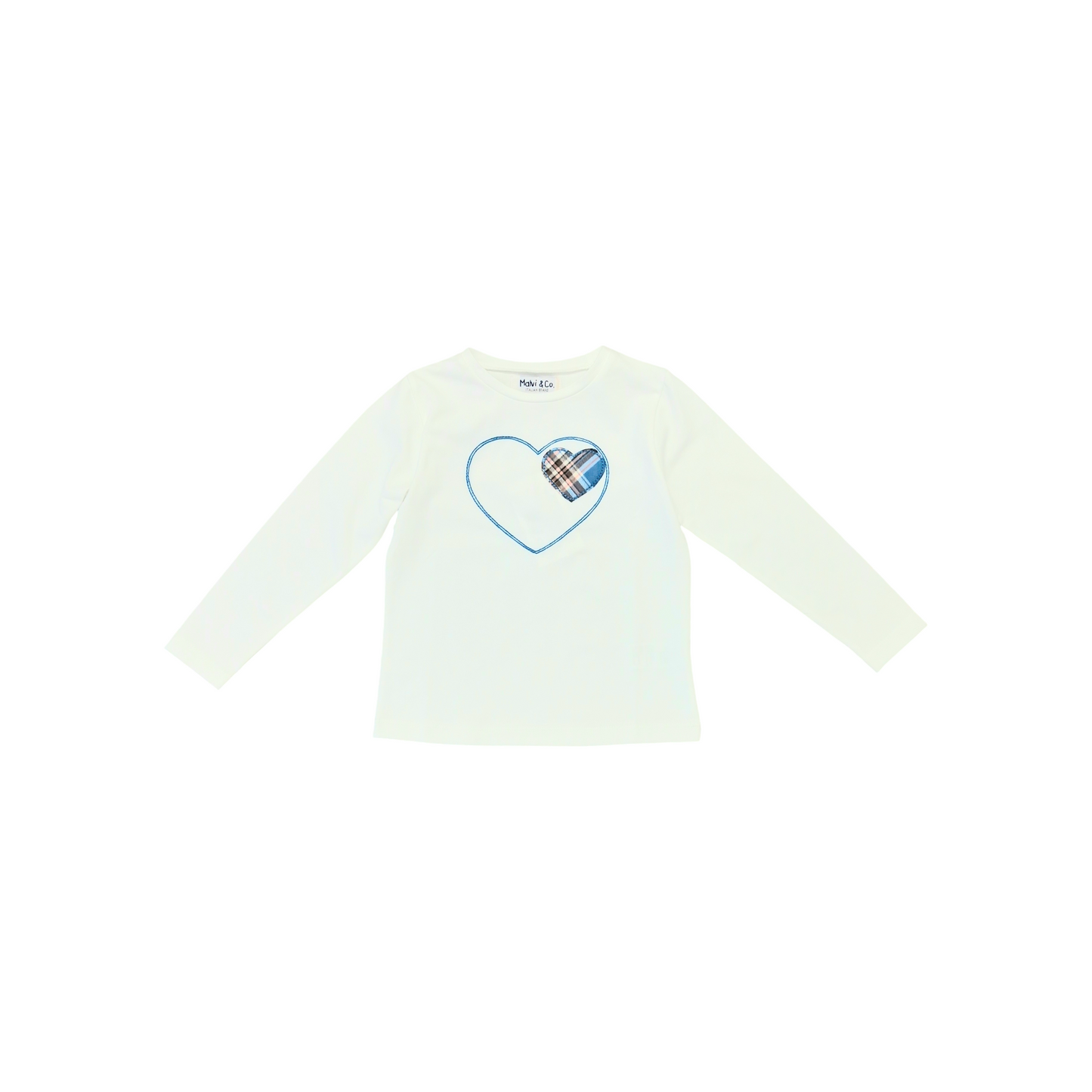 MALVI & CO. T-Shirt Jersey con Patch e Ricamo Cuore Panna-Azzurro Carta da Zucchero
