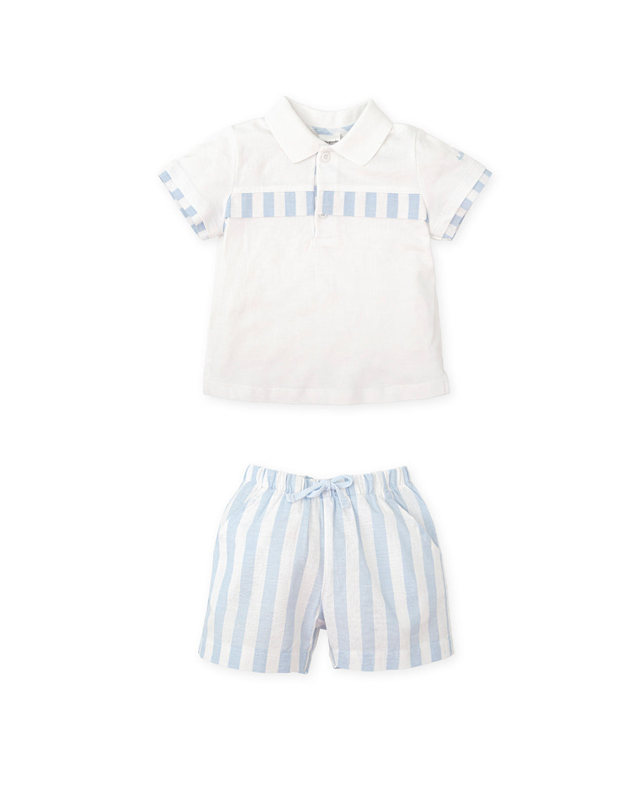 TUTTO PICCOLO Completo 2 Pezzi Polo+Shorts Cotone-Lino Bianco-Celeste Primavera-Estate
