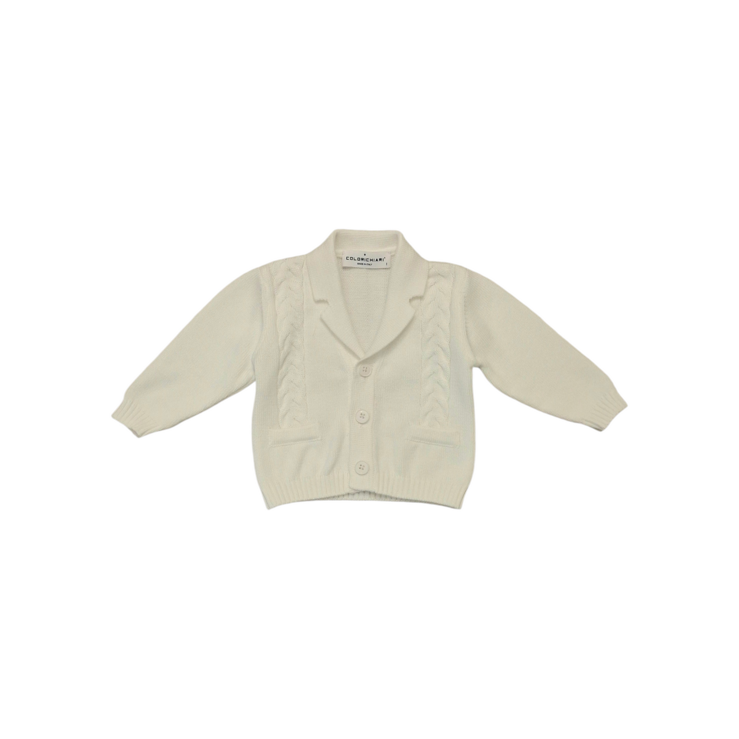 COLORICHIARI Completo Cerimonia Baby 4 pezzi Cardigan Camicia Papillon e Salopette Bianco-Celeste Primavera-Eatate