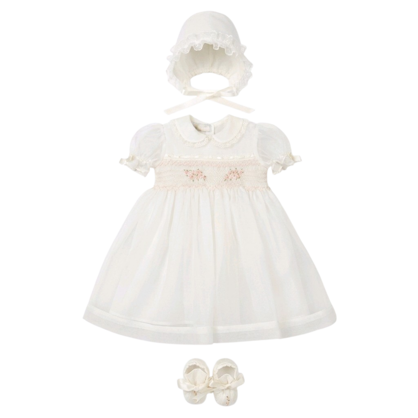 PICCOLA GIUGGIOLA Set Cerimonia Vestito con Cuffia e Scarpine in Organdis di Seta e Pizzo Panna con Ricamo Rosa-Pesca Primavera-Estate