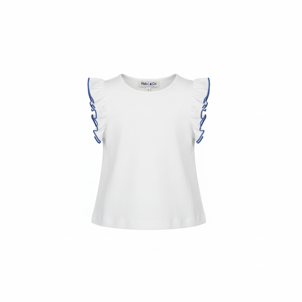 MALVI & CO. T-Shirt Jersey Bianco con Frill Celeste Primavera-Estate
