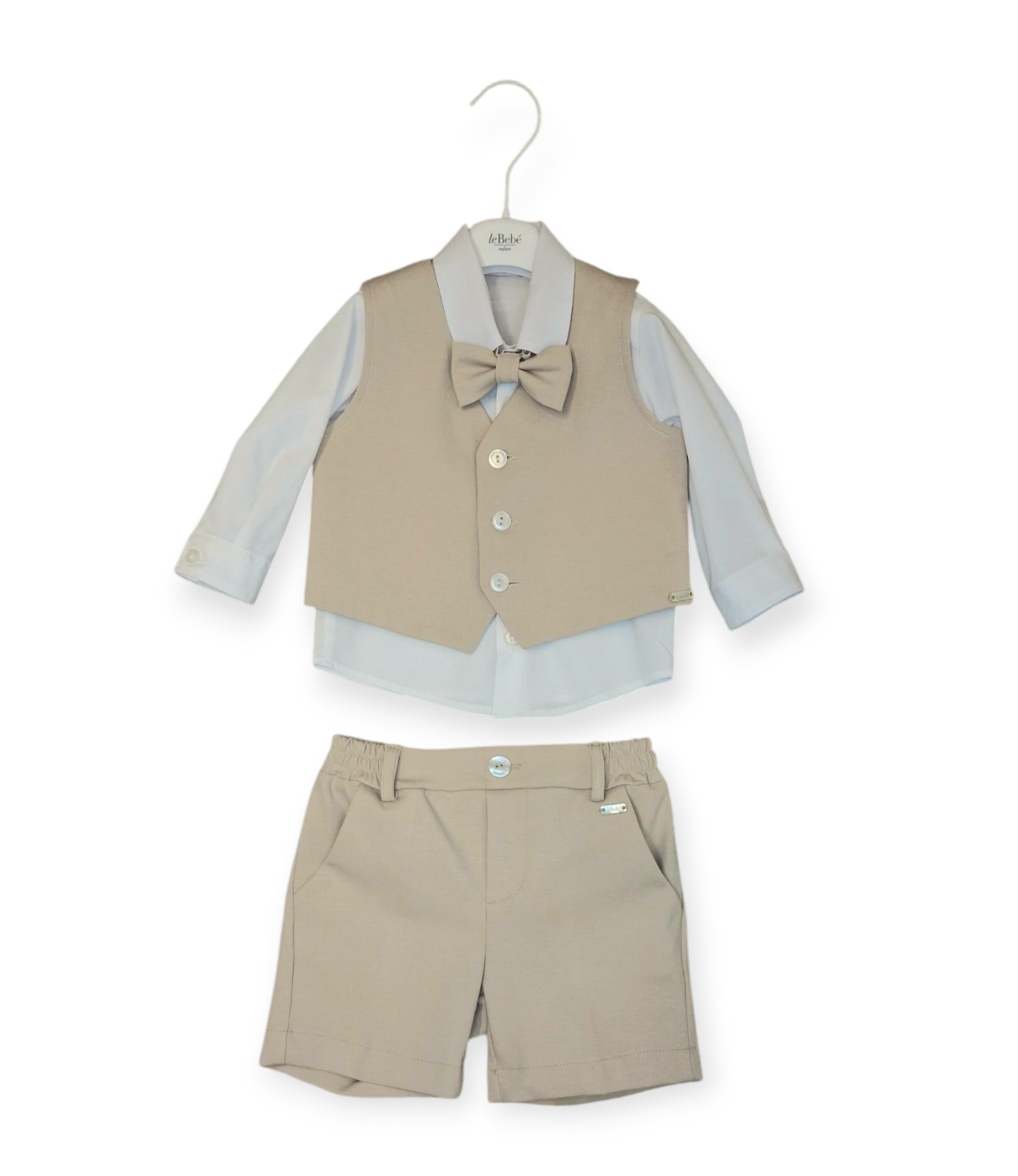 LE BEBE' ENFANT Completo Cerimonia 4 Pezzi Camicia+Papillon+Gilet+Bermuda Bianco-Beige Primavera-Estate