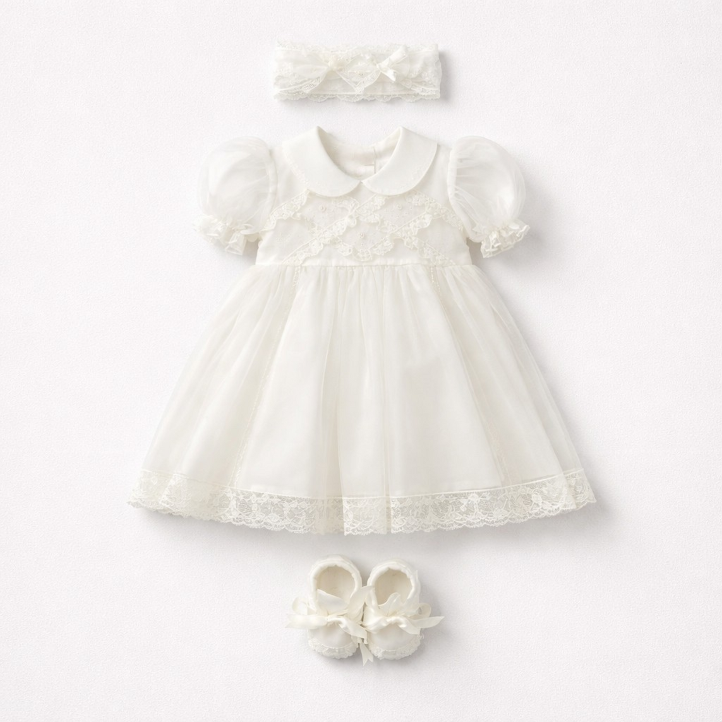 PICCOLA GIUGGIOLA Set Cerimonia Vestito con Fascetta e Scarpine in Organdis di Seta e Pizzo Valenciennes Panna con Ricamo Primavera-Estate