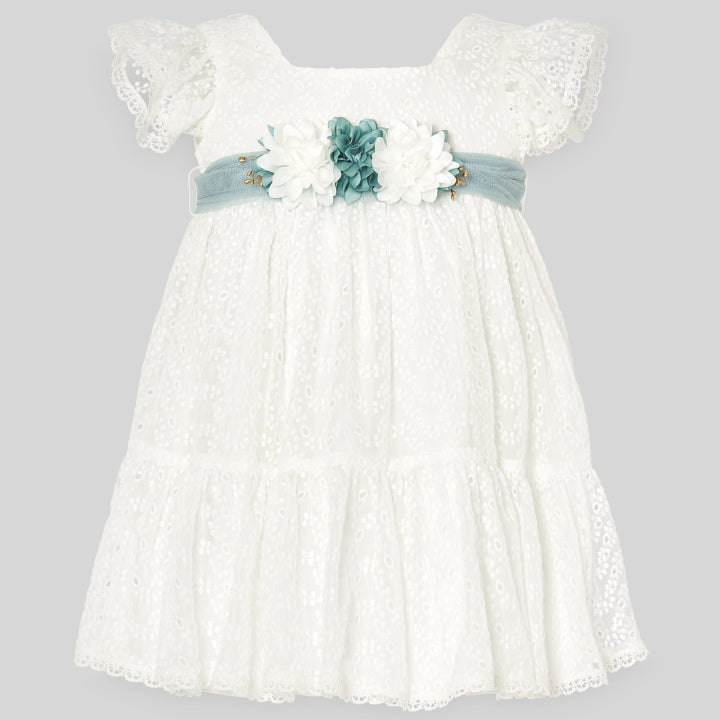 PAZ RODRIGUEZ Vestito Cerimonia Pizzo Sangallo Crudo-Verde acqua