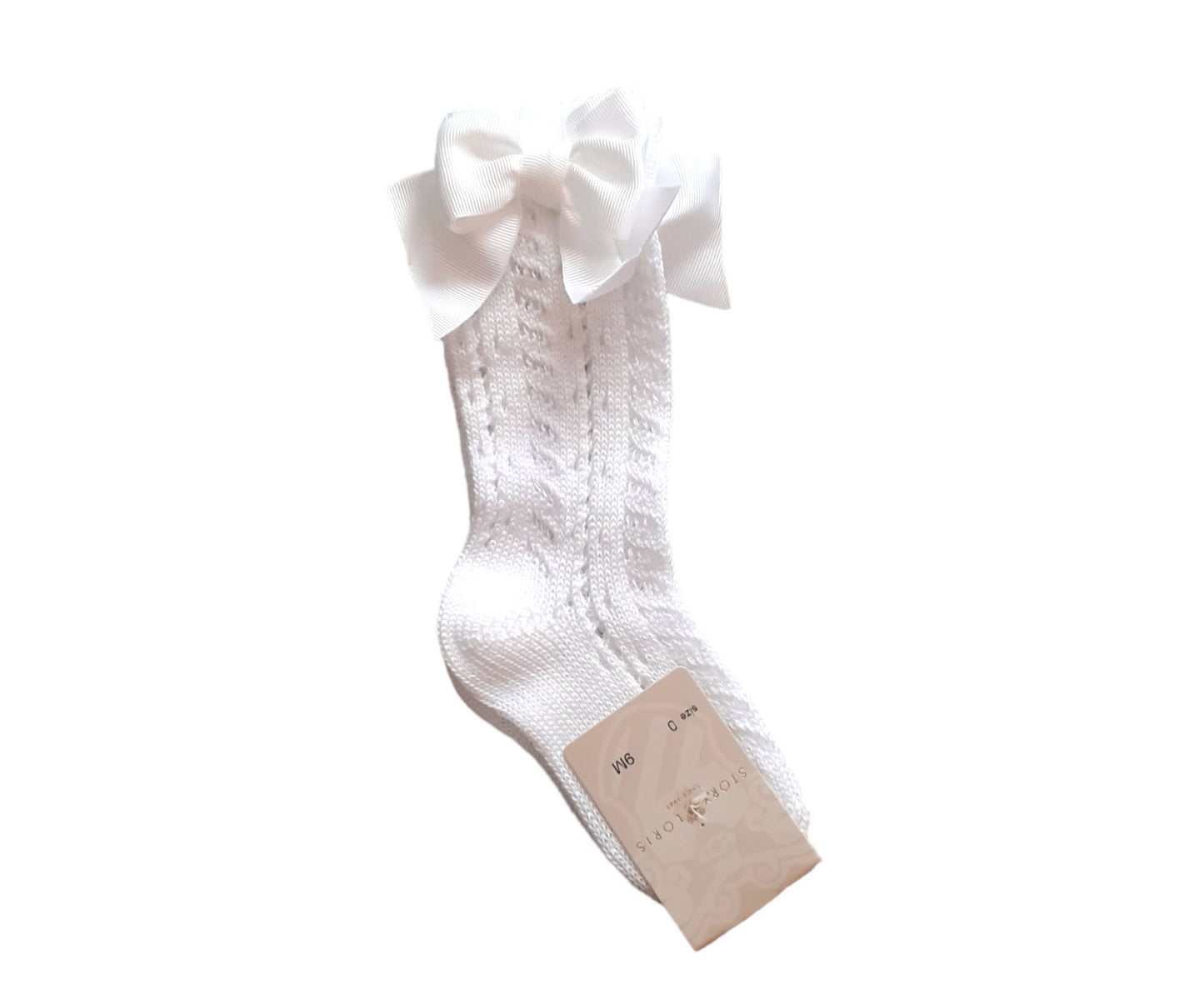 STORY LORIS Calzino Lungo Filo Cotone Traforato con Fiocco Bianco Primavera-Estate