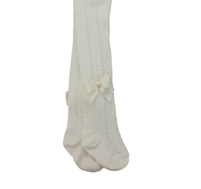 STORY LORIS Collant Traforati con Fiocco in Grosgrein Caldo Cotone Panna Autunno-Inverno