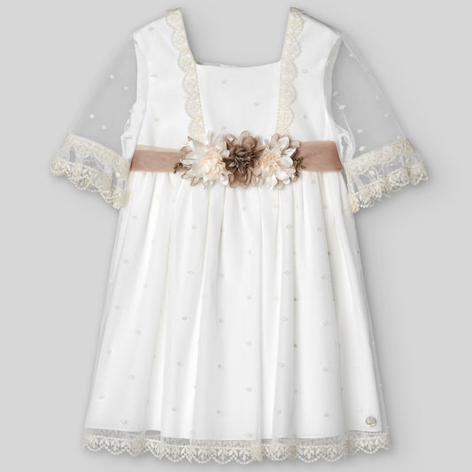PAZ RODRIGUEZ Ceremony Dress with Cream-Beige Tulle-Lace Sash