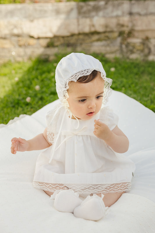 PAZ RODRIGUEZ  Completo 4 pezzi Cerimonia Vestito-Coulotte-Cuffia-Cardigan Panna Primavera-Estate