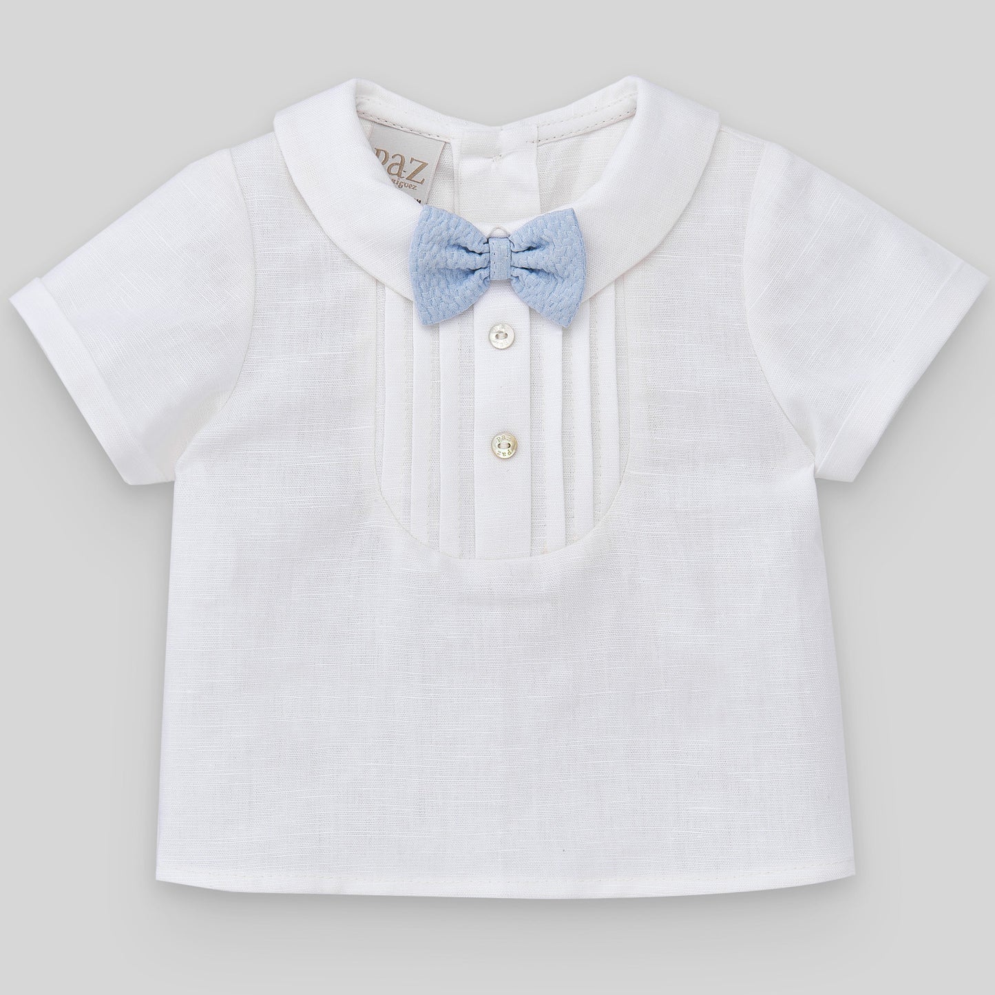 PAZ RODRIGUEZ 3-piece Ceremony Suit Blouse+Shorts+Cardigan Linen Cotton Blend White-Sky Blue