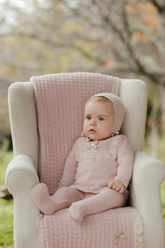 PAZ RODRIGUEZ Tutina 2 pezzi con Cuffia Cotone-Cashmere Rosa Cipria-Avena Autunno-Inverno