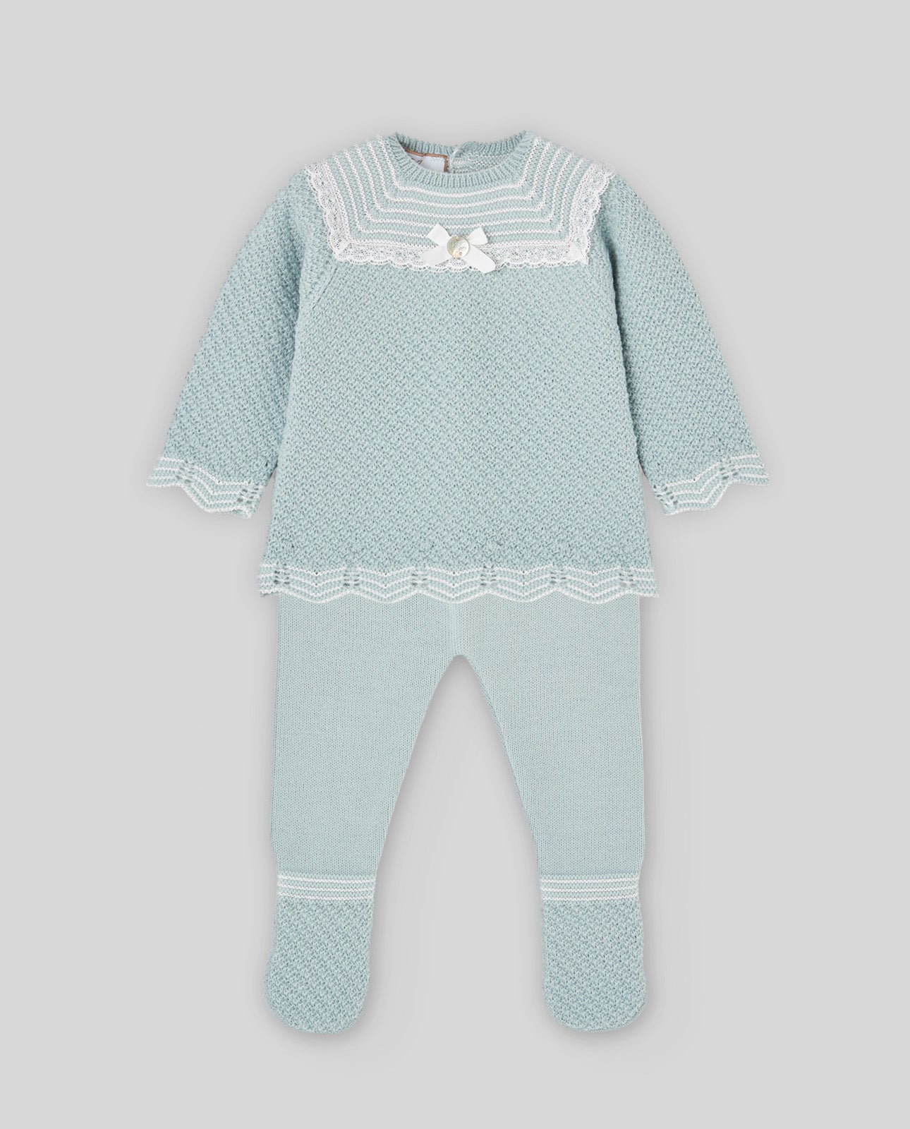PAZ RODRIGUEZ Tutina Due Pezzi + Cuffia Lana Merino Extrafine Verde Salvia-Panna Autunno-Inverno