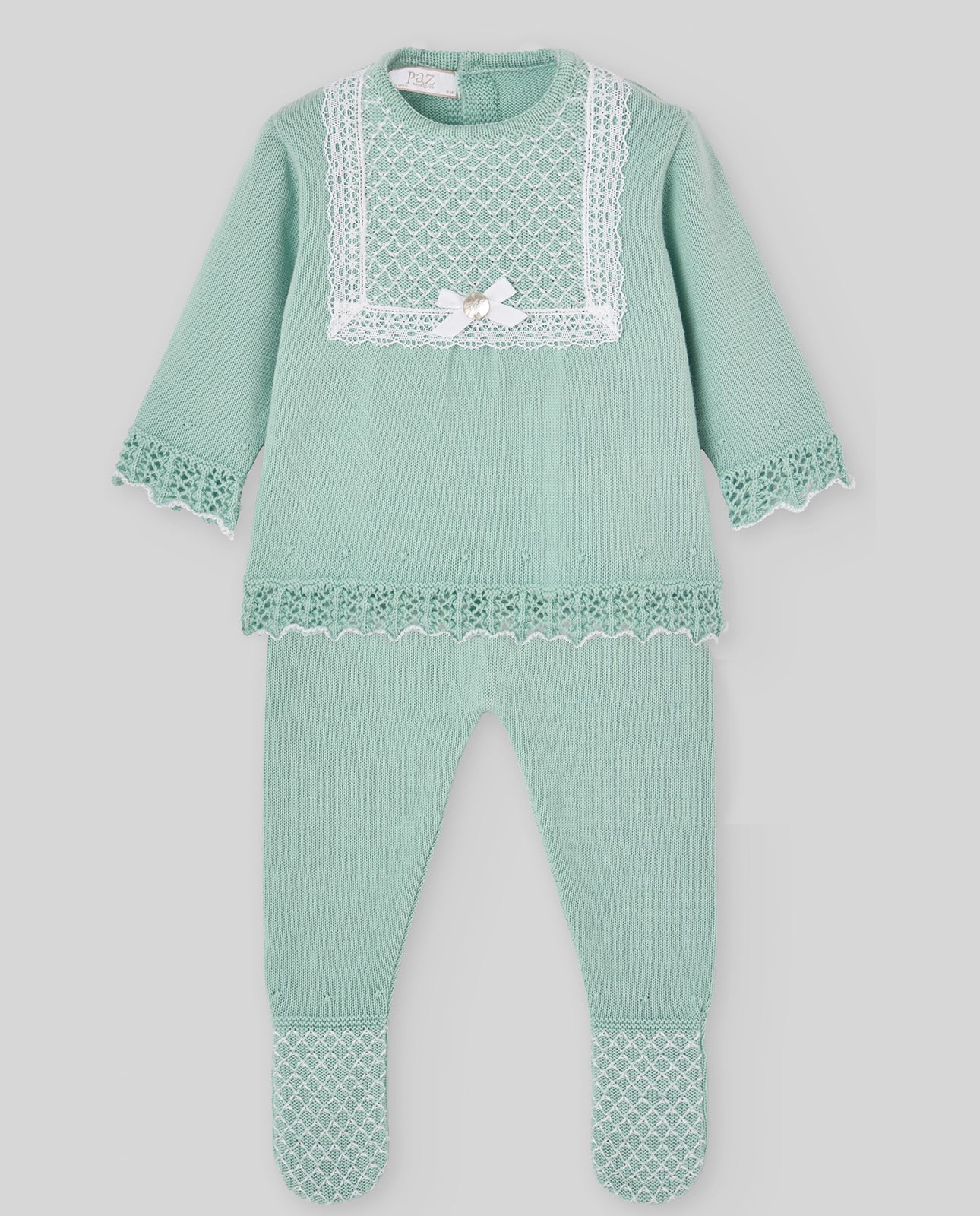 PAZ RODRIGUEZ Tutina 2 pezzi + Cuffia Verde Acqua-Bianco Cotone Primavera-Estate