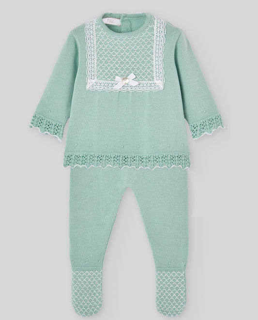 PAZ RODRIGUEZ Tutina 2 pezzi + Cuffia Verde Acqua-Bianco Cotone Primavera-Estate