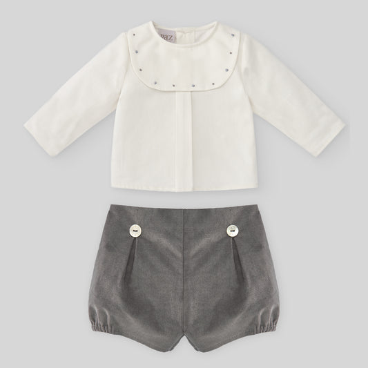 PAZ RODRIGUEZ Completo 2 pezzi Blusa Cotone+Shorts Velluto Panna-Grigio Autunno-Inverno