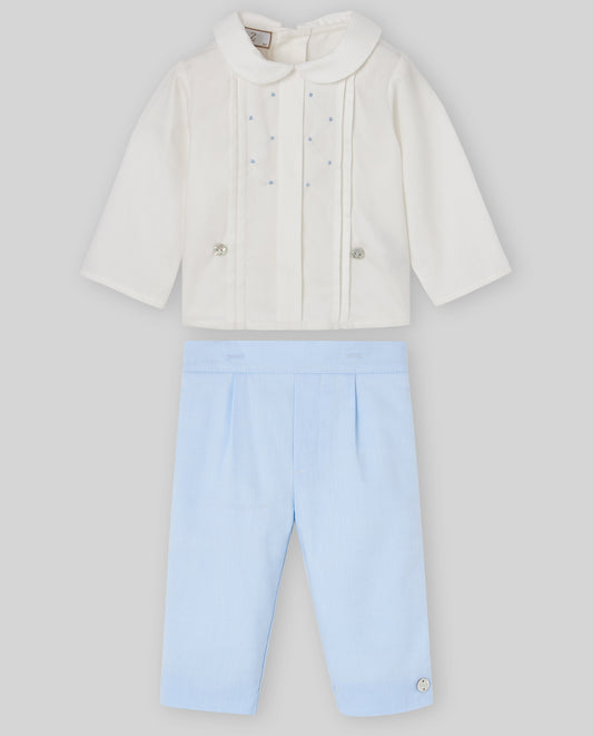 PAZ RODRIGUEZ Set 3 pezzi Cerimonia Blusa+ Pantalone + Cardigan Panna-Azzurro Polvere Autunno-Inverno