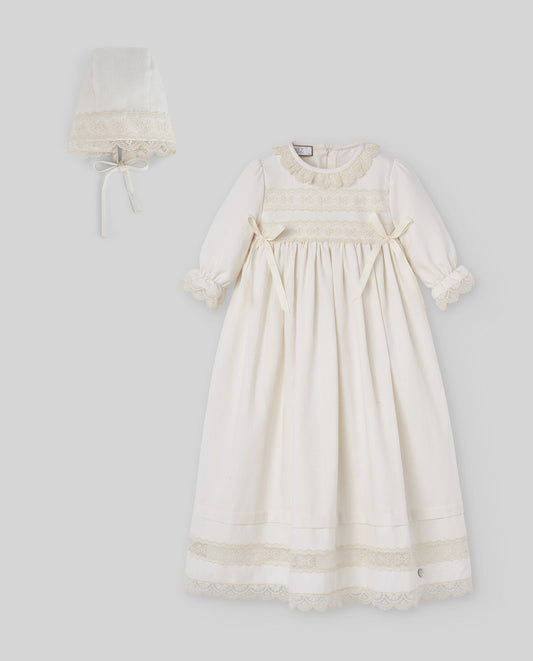PAZ RODRIGUEZ Set Veste Battesimale + Cuffia + Coulotte + Mantella Panna Autunno-Inverno