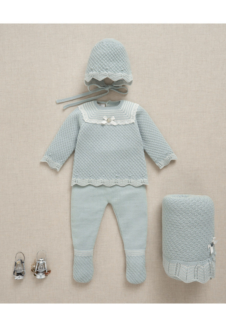 PAZ RODRIGUEZ Tutina Due Pezzi + Cuffia Lana Merino Extrafine Verde Salvia-Panna Autunno-Inverno