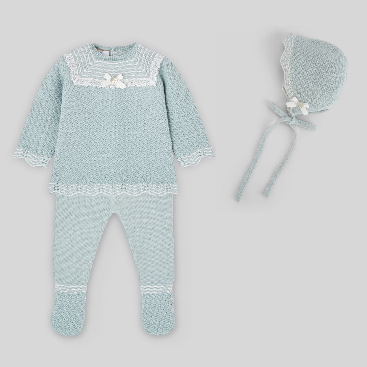 PAZ RODRIGUEZ Tutina Due Pezzi + Cuffia Lana Merino Extrafine Verde Salvia-Panna Autunno-Inverno
