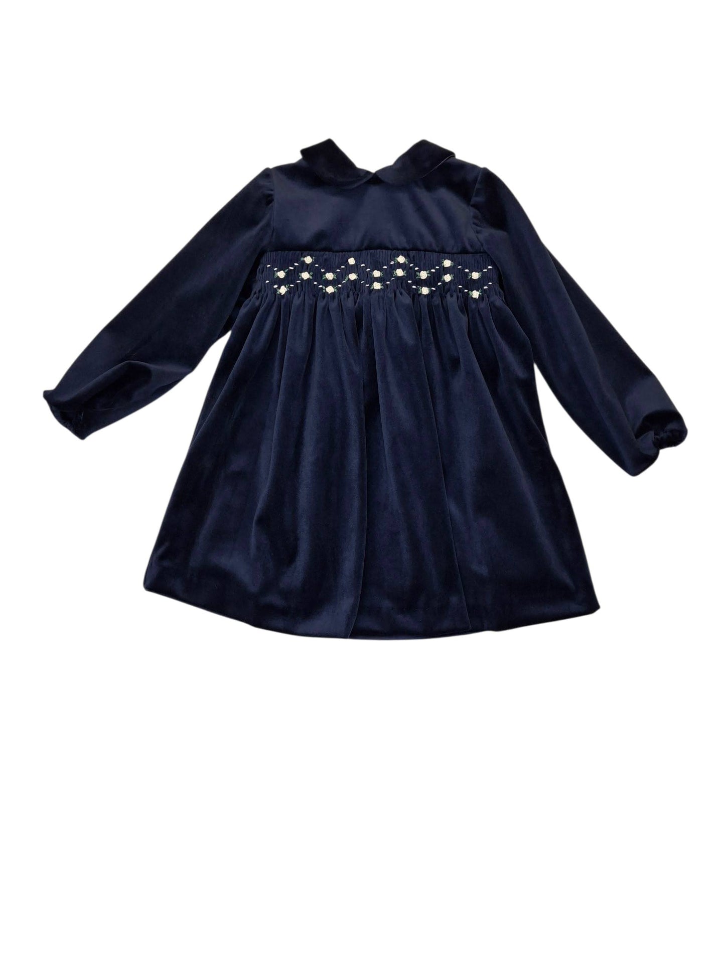 MALVI & CO. Vestito Baby in Velluto Blu Navy con Punto Smock Autunno-Inverno
