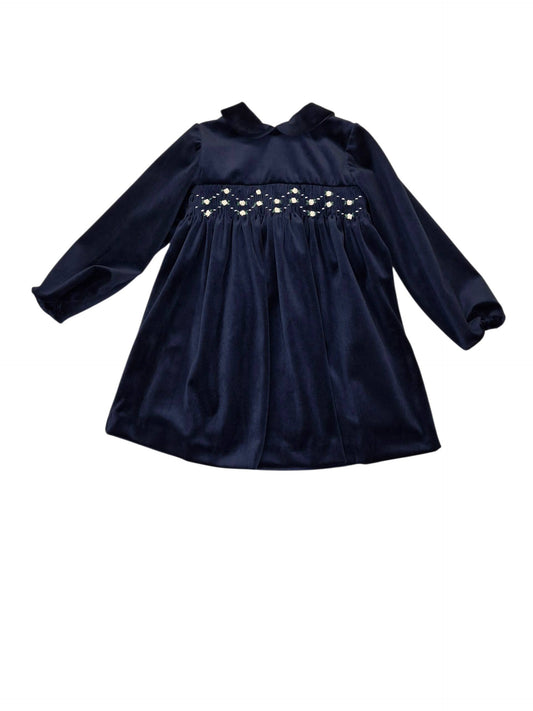 MALVI & CO. Vestito Baby in Velluto Blu Navy con Punto Smock Autunno-Inverno
