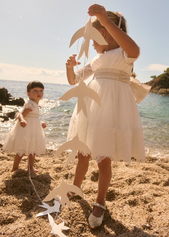 ABEL & LULA Abito Cerimonia Tulle Ricamato Pizzo Guipur Panna-Sabbia Primavera-Estate