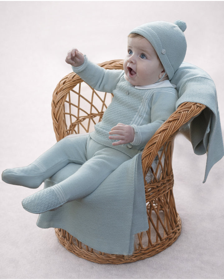 PAZ RODRIGUEZ Tutina 2 Pezzi + Cappello Lana Merino Extrafine Verde-Salvia-Panna Autunno-Inverno