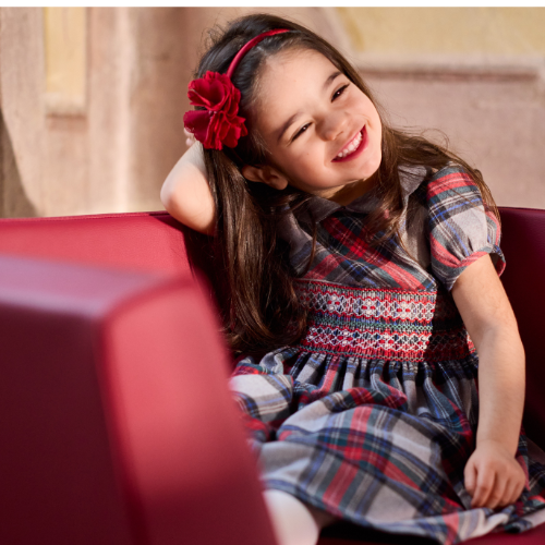 MALVI & CO. Vestito in Tartan Grigio-Rosso con Smock Autunno-Inverno