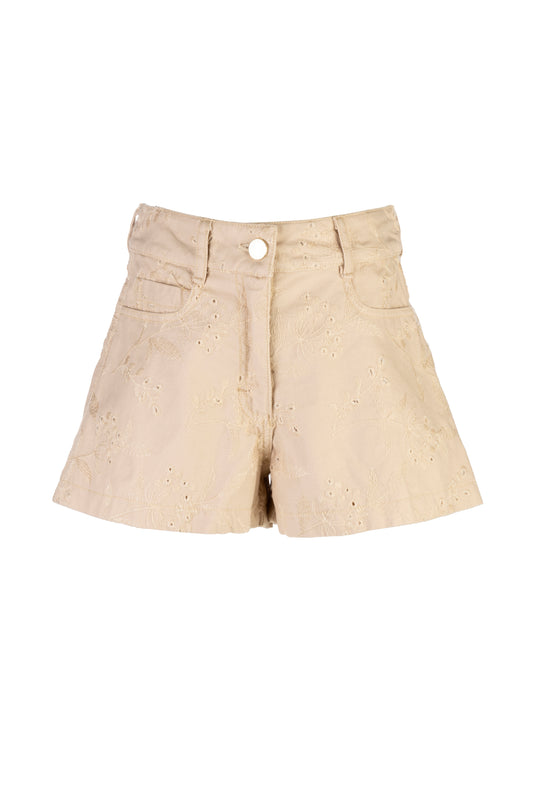 ELSY Girl Shorts Cotone Beige Ricamo Floreale Primavera-Estate