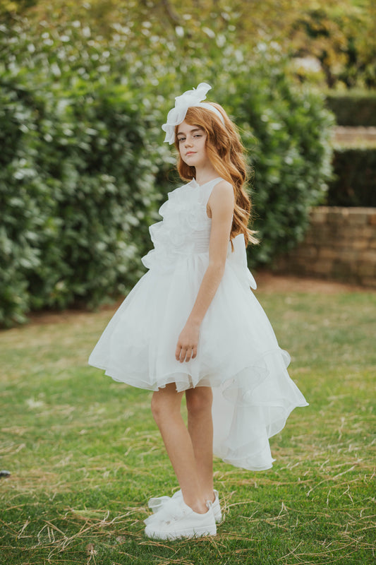 COLORICHIARI Abito Cerimonia Bianco Latte con Volants e Coda Primavera-Estate