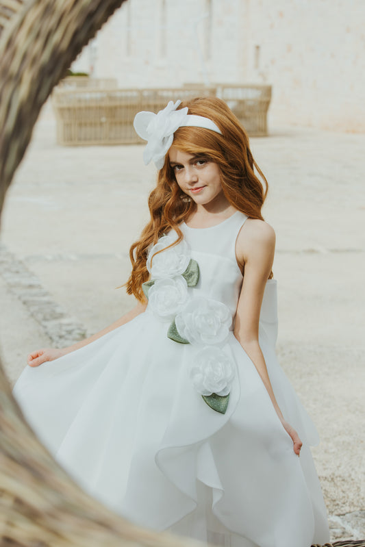 COLORICHIARI Abito Cerimonia Organza Bianco Latte-Verde Salvia Primavera-Estate