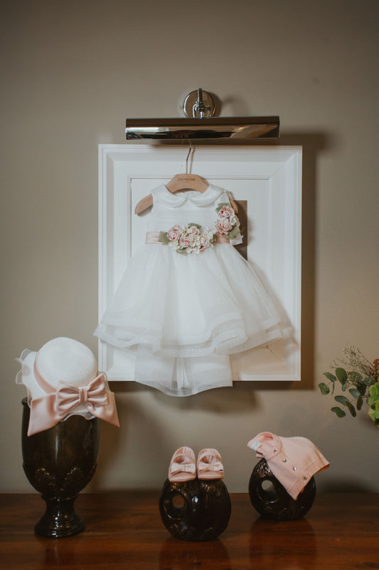 COLORICHIARI Abitino Cerimonia con Coda in Raso e Tulle Glitterato Bianco Latte-Rosa Antico Primavera-Estate