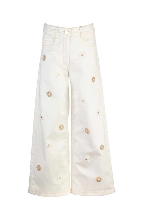 ELSY Girl Pantalone Jeans con Fiori Color Yogurt Beige Primavera-Estate