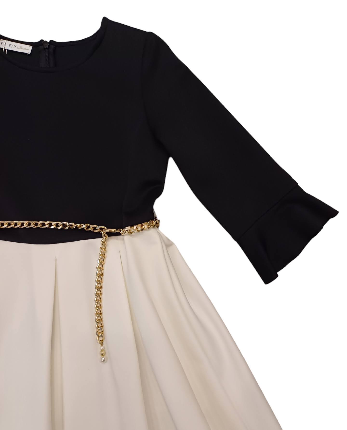 ELSY Couture Vestito Nero-Yogurt con cinturino oro