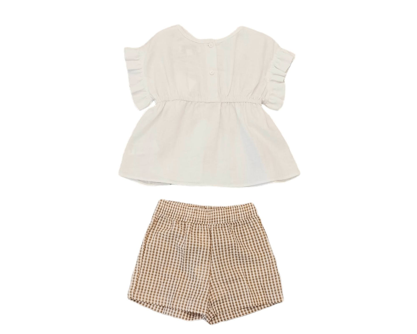 MALVI &amp; CO. 2-piece set of white-beige linen blouse+cotton shorts with embossed checks and hazelnut