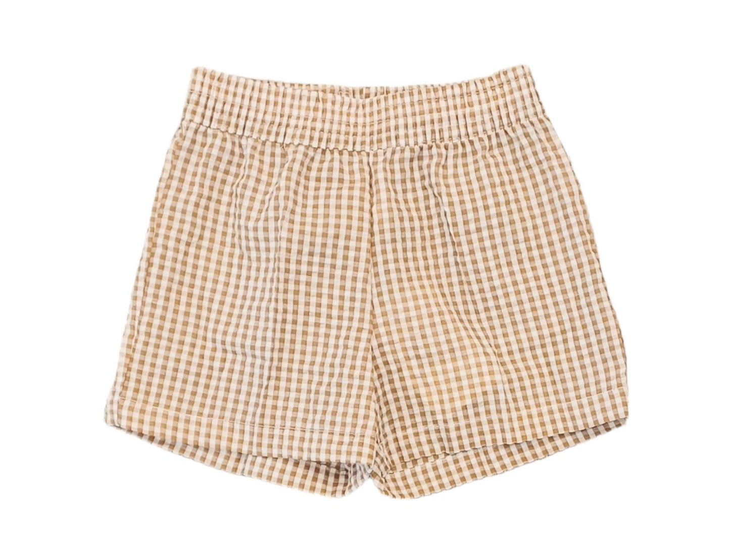 MALVI &amp; CO. 2-piece set of white-beige linen blouse+cotton shorts with embossed checks and hazelnut