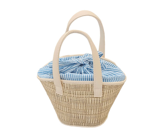 MALVI &amp; CO. Woven straw handbag with white-blue embossed striped trim