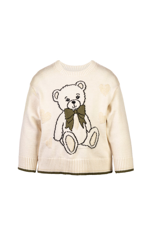 ELSY Bambina Maglia Orsetto Bianco Naturale-Verde Militare Autunno-Inverno