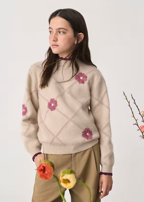 ABEL & LULA Maglia Rombi Fiori Avena-Prugna Autunno-Inverno