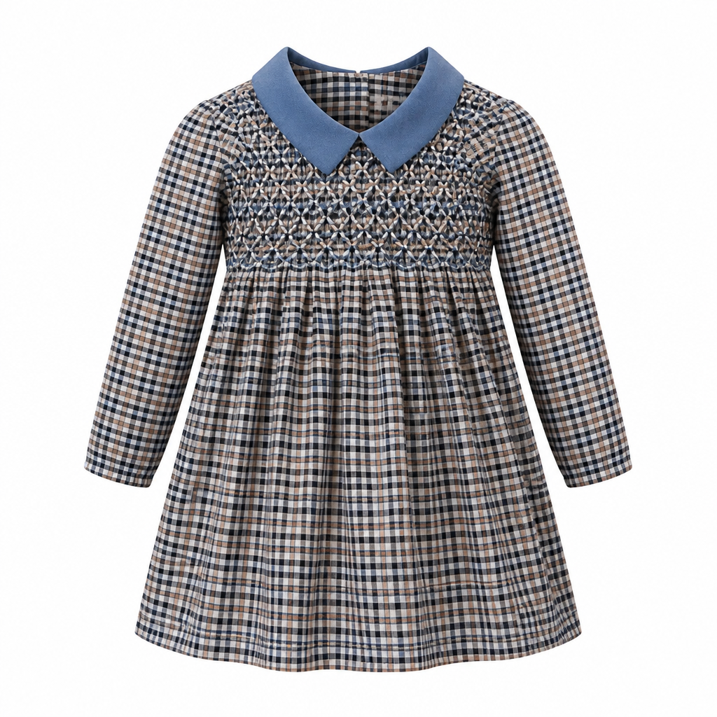 MALVI & CO. Vestito Bambina in Flanella Vichy Beige-Celeste con Smock Diamante Autunno-Inverno