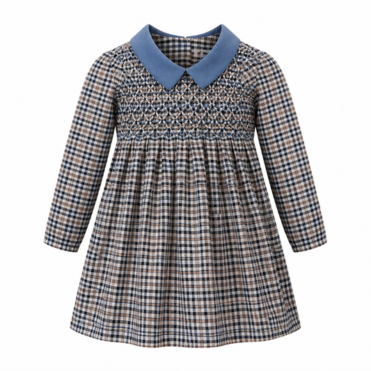 MALVI & CO. Vestito Bambina in Flanella Vichy Beige-Celeste con Smock Diamante Autunno-Inverno