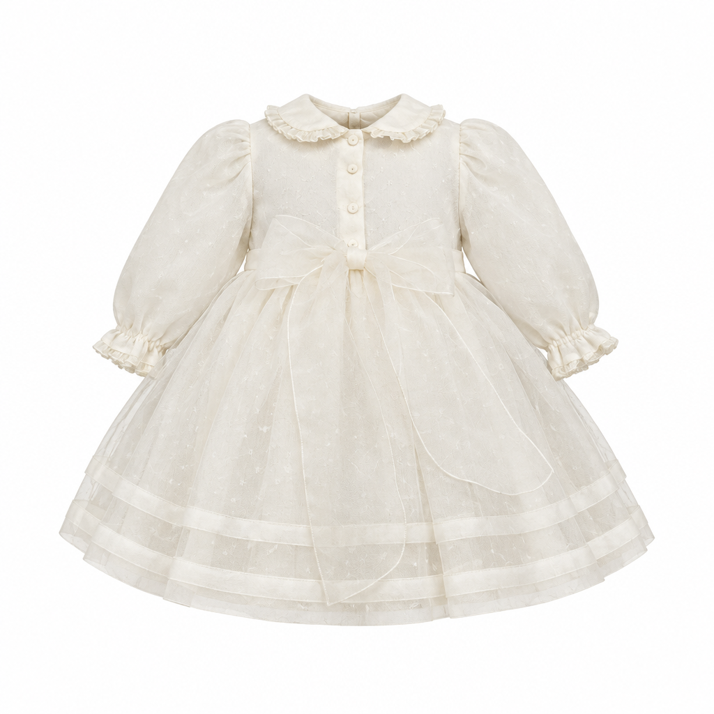 PICCOLA GIUGGIOLA Mulan Set Cerimonia Vestito con Cuffia-Scarpine-Bavetta in Organdis di Seta e Pizzo Panna-Miele Autunno-Inverno