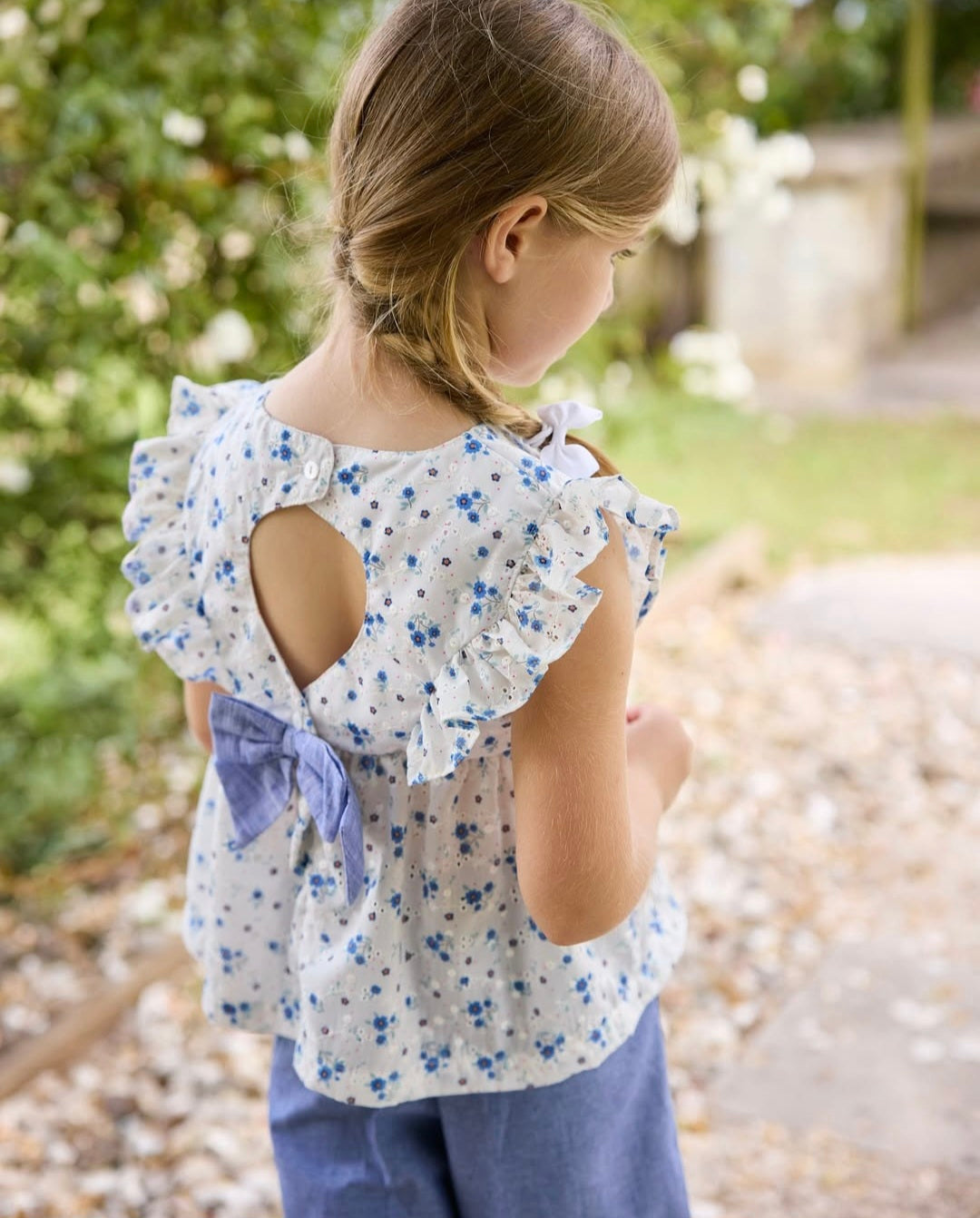 MALVI & CO. Completo 2 Pezzi Top Pizzo Sangallo+Pantalone Palazzo Chambray Indigo