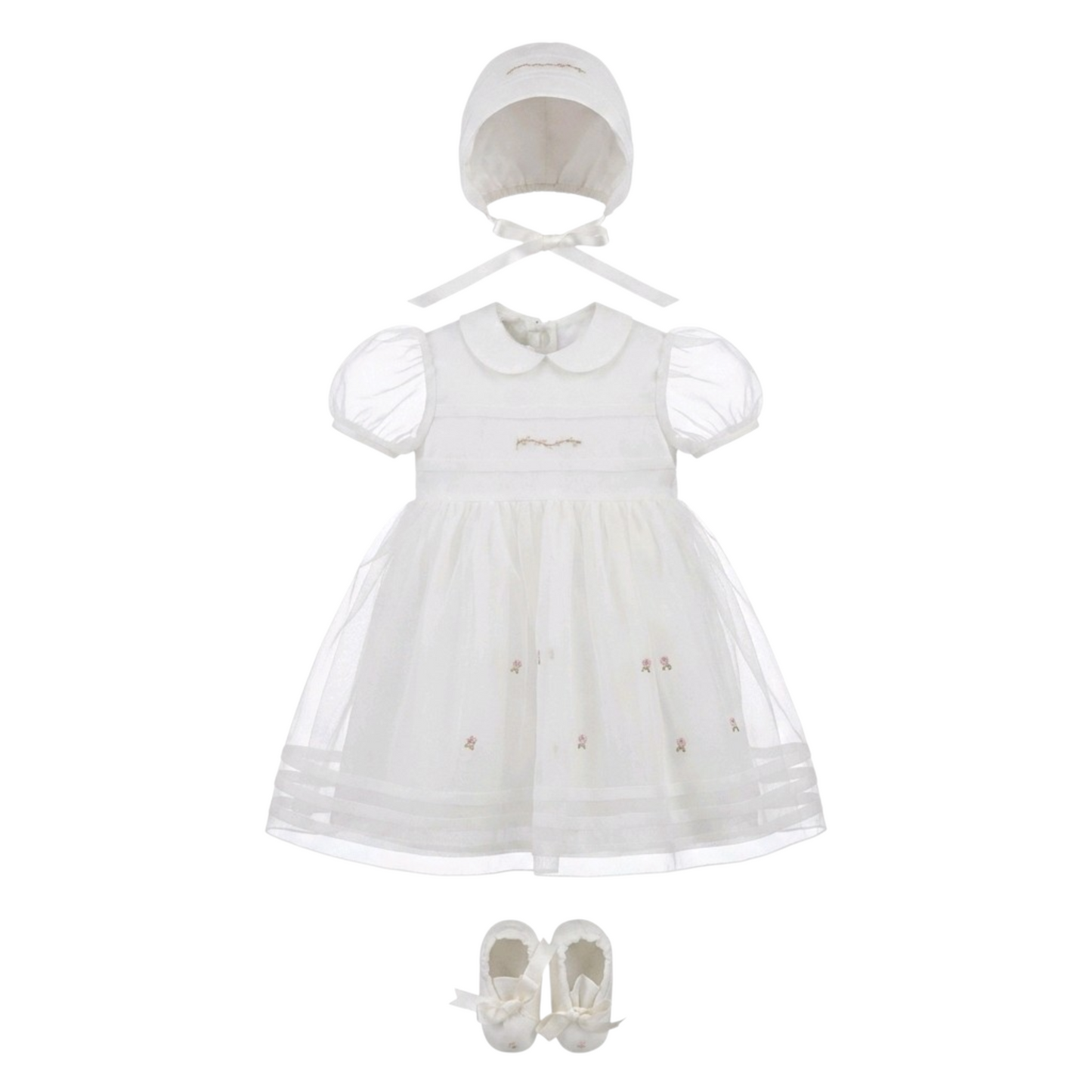 PICCOLA GIUGGIOLA Set Cerimonia Vestito con Cuffia e Scarpine in Organdis di Seta Panna Primavera-Estate